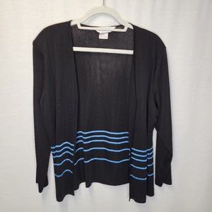 Exclusively Misook Women's Large Cardigan Sweater Black Blue Striped Open Front